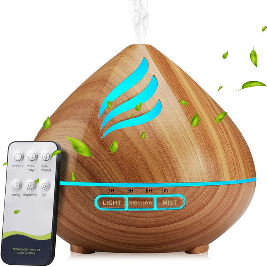 500ML Ultrasonic Aroma Diffuser with Remote Control – Wood Grain Essential Oil Humidifier & 14-Color LED Light