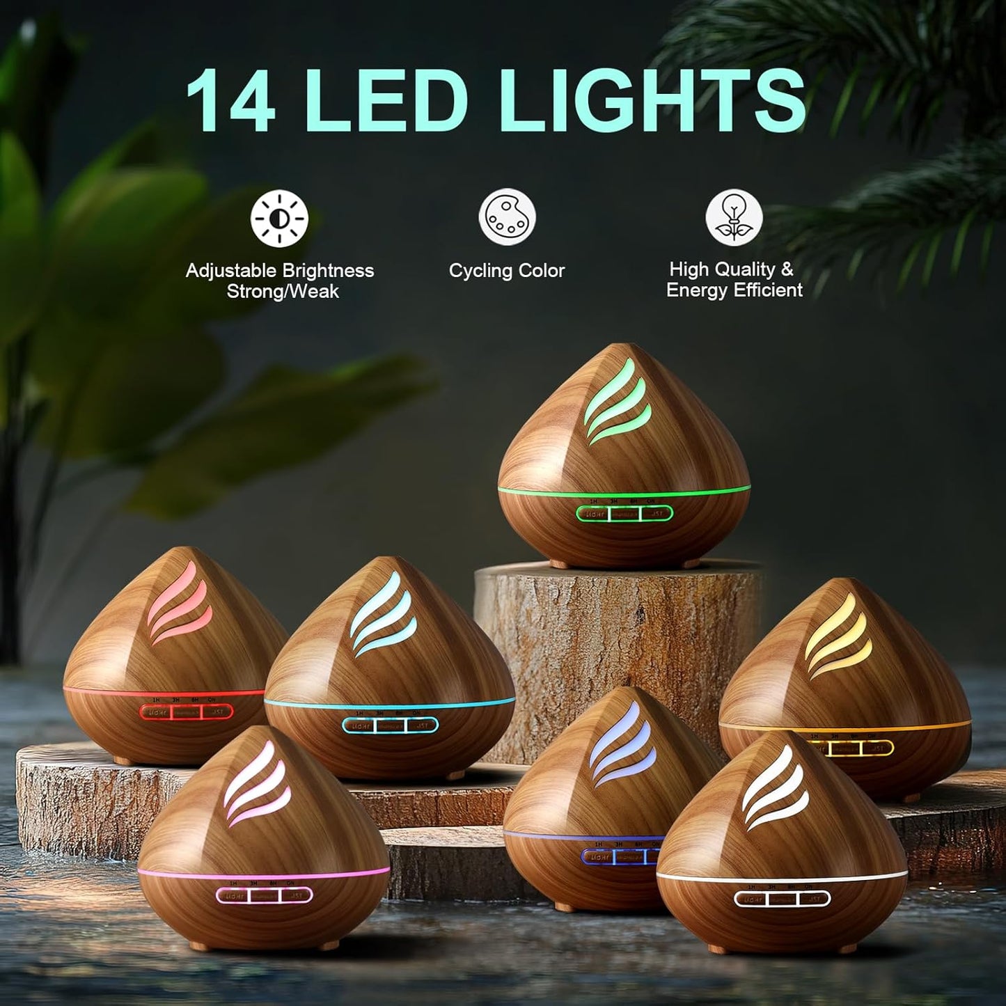500ML Ultrasonic Aroma Diffuser with Remote Control – Wood Grain Essential Oil Humidifier & 14-Color LED Light