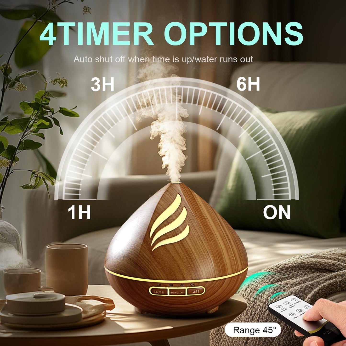 500ML Ultrasonic Aroma Diffuser with Remote Control – Wood Grain Essential Oil Humidifier & 14-Color LED Light